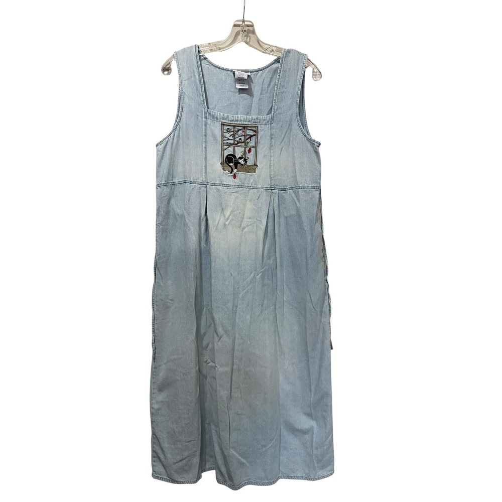 Blair Vintage Denim Cat Jumper Dress Light Wash Embroidered Cotton Midi Medium